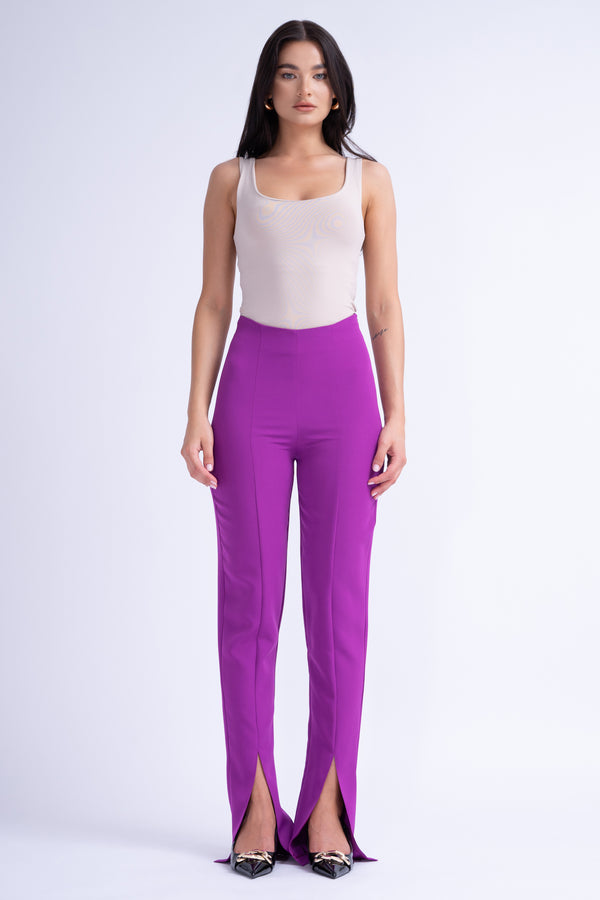 Purple Slim Fit Pants With Front Slit