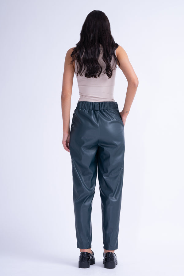 Olive Leather High-Waist Slim Fit Trousers