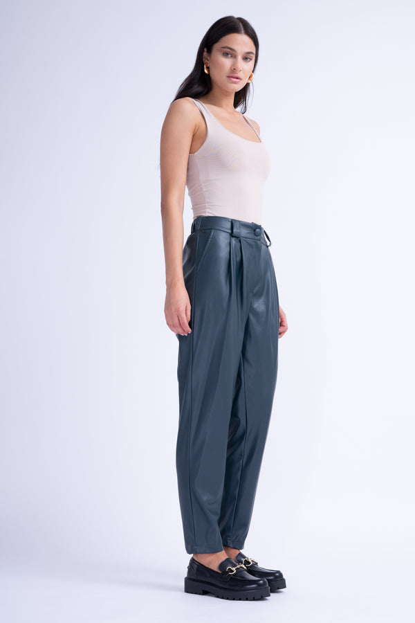 Olive Leather High-Waist Slim Fit Trousers