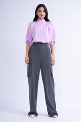 Grey Wide Leg Trousers With Pockets