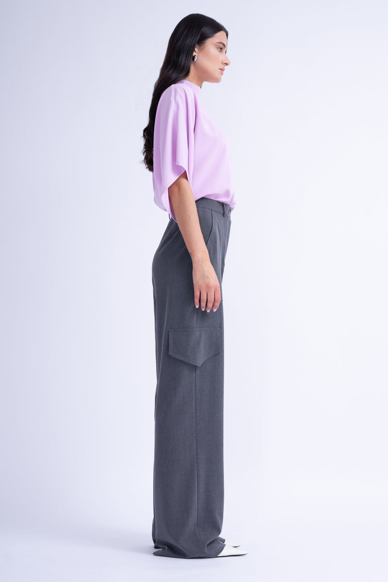 Grey Wide Leg Trousers With Pockets