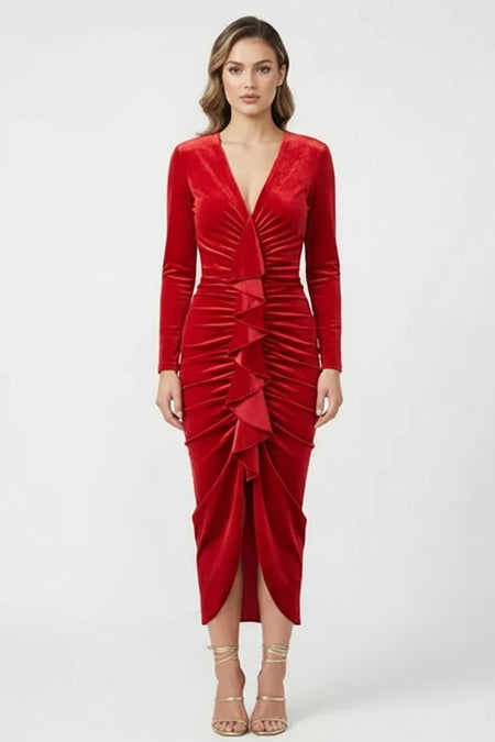 Rochie din catifea rosie cu volan