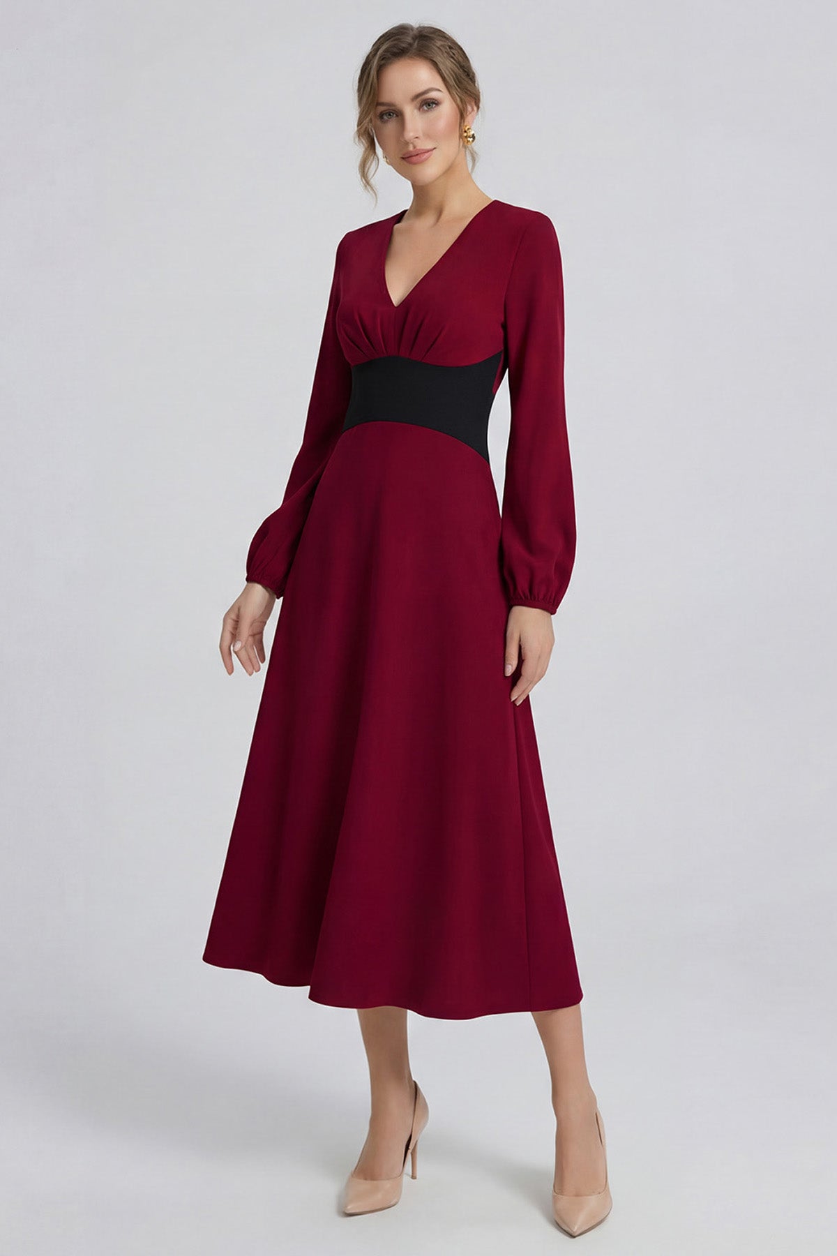 Burgundy Midi Dress With Defined Waist
