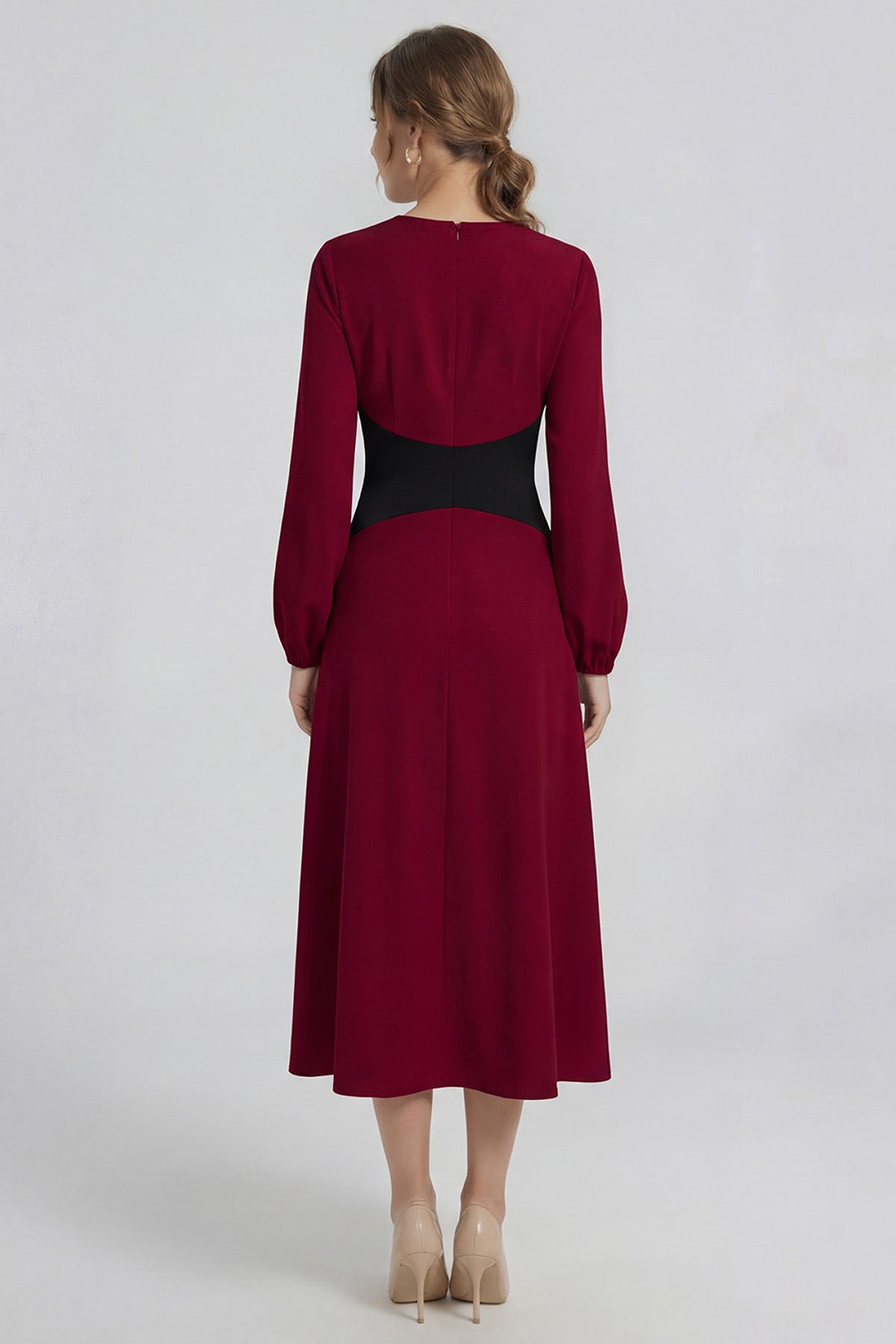 Burgundy Midi Dress With Defined Waist