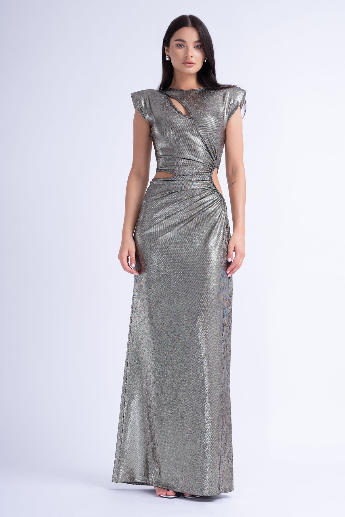 Rochie Maxi Negru Metalizat cu Decupaje Asimetrice