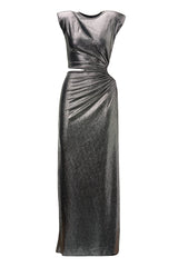Black Metallic Maxi Dress With Asymmetrical Cut-Outs And Oversized Shoulders