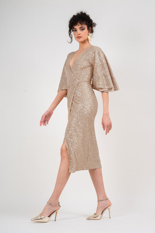 Midi gold sequin dress with buterfly sleeves