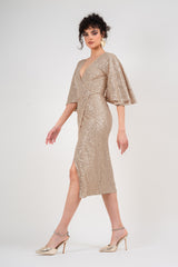 Midi gold sequin dress with buterfly sleeves