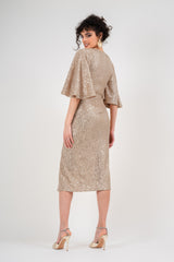 Midi gold sequin dress with buterfly sleeves