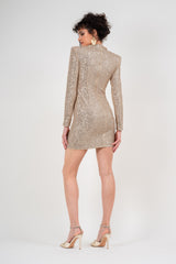 Sequin mini gold dress with oversized shoulders