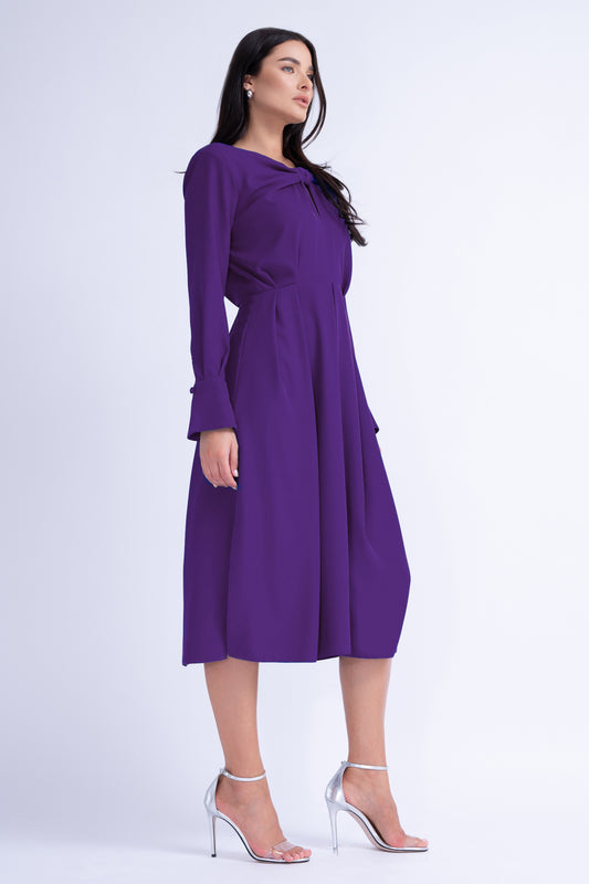 Midi Purple Dress With Ring Detail And Pleats