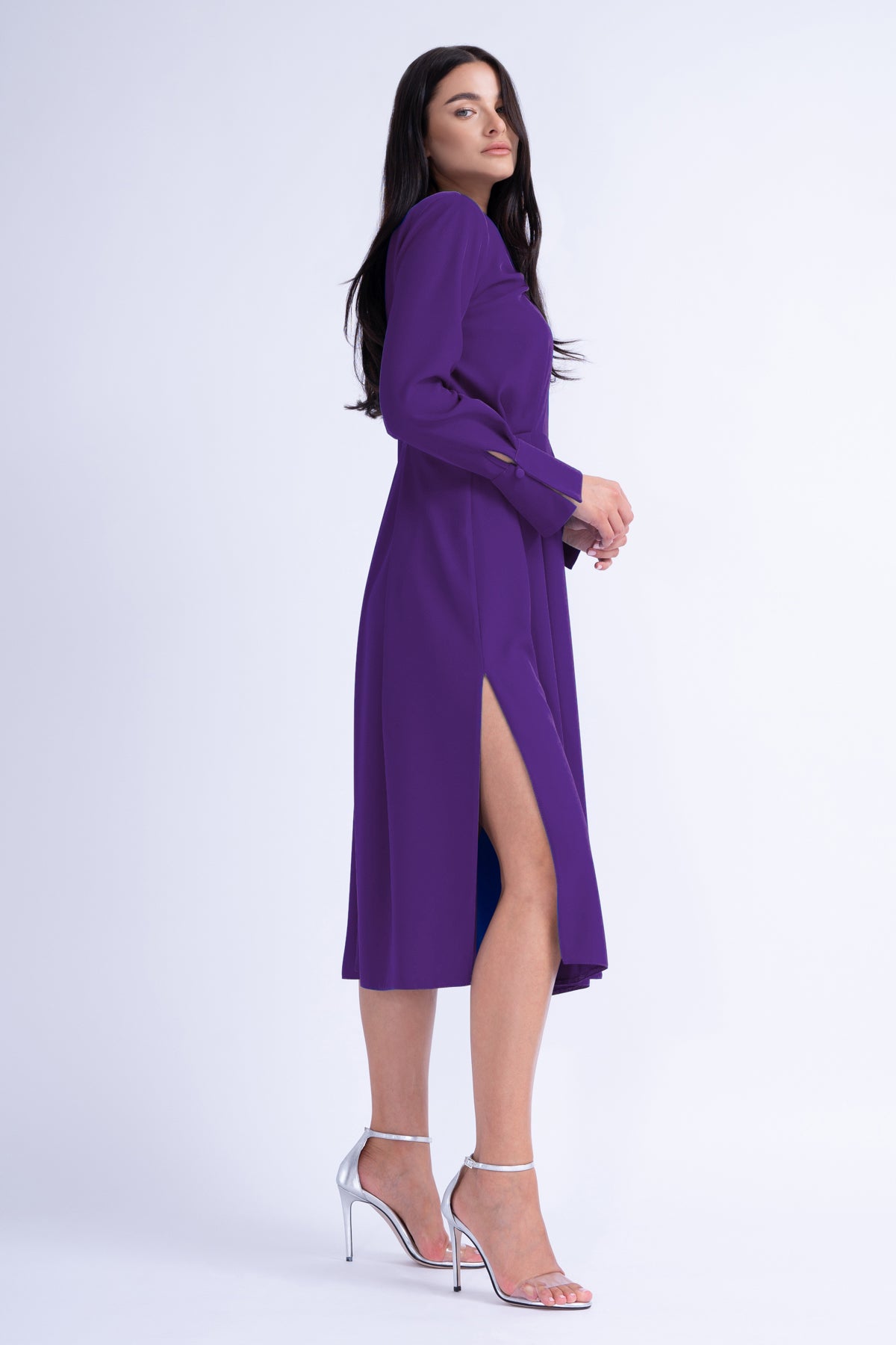 Midi Purple Dress With Ring Detail And Pleats
