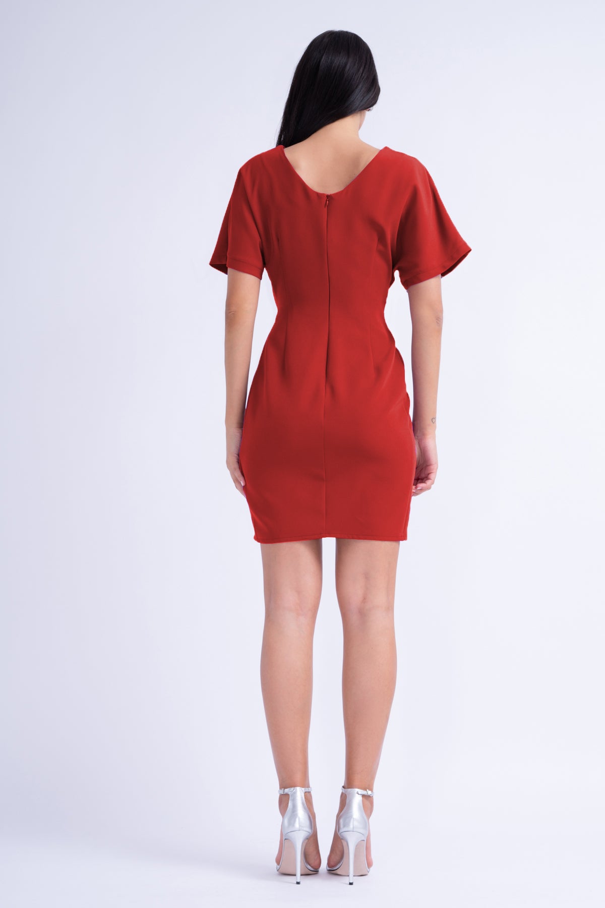 Red Mini Dress With Pleats And V-Neck