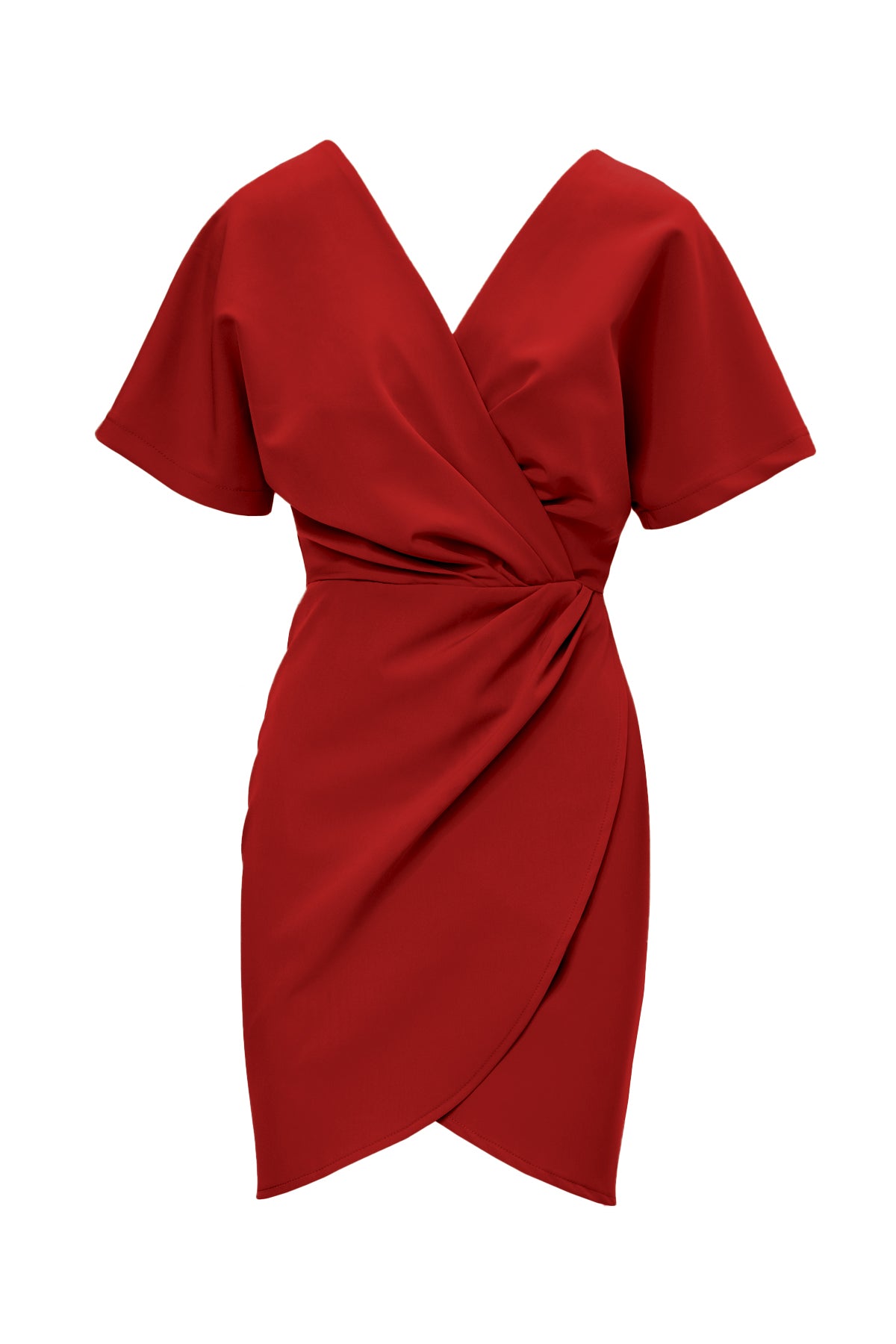 Red Mini Dress With Pleats And V-Neck