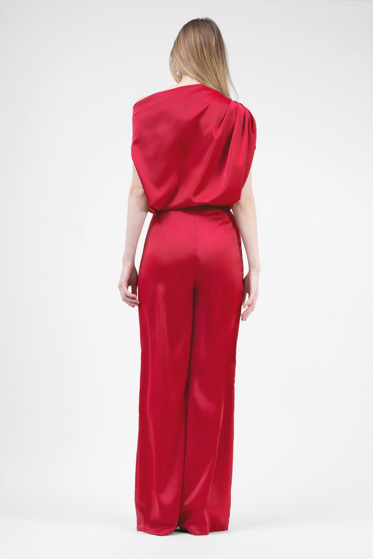 Red Set With Asymmetrical Draped Top And Wide Leg Trousers