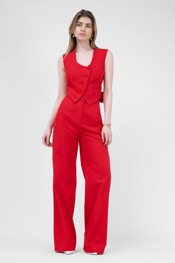 Red Linen Suit With Cut-Out Vest And Straight-Cut Trousers