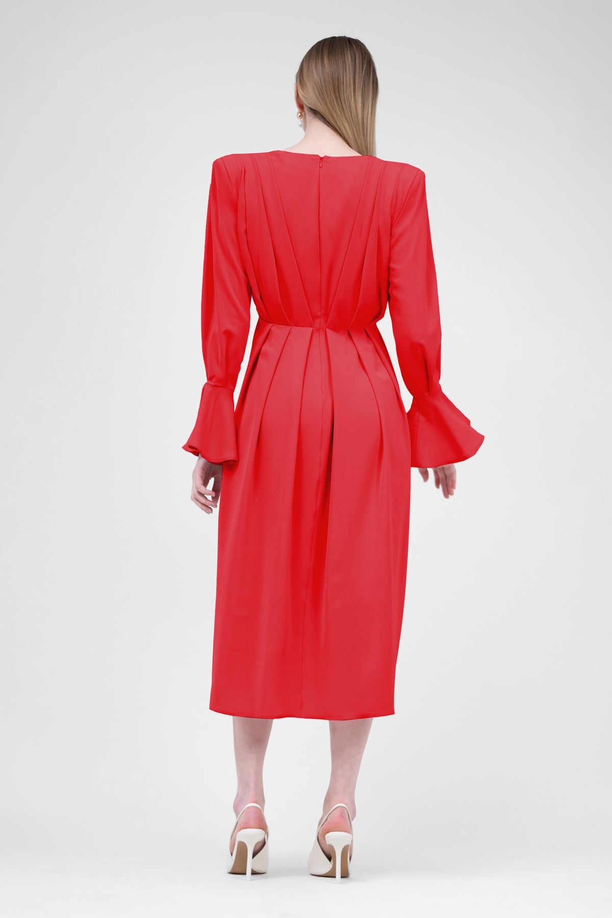 Red  Midi Dress With Pleats And Proeminent Shoulders