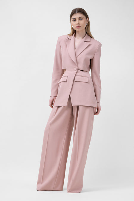 Pastel Pink Suit With Blazer With Waistline Cut-Out And Ultra Wide Leg Trousers