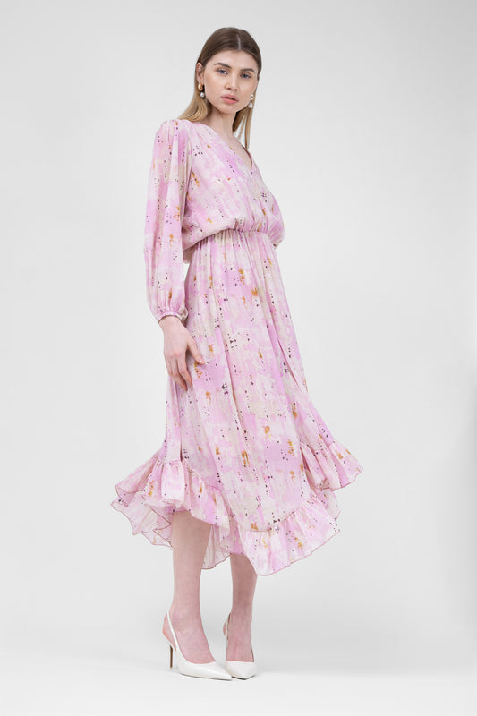 Pink Midi Dress In Abstract Print With Pleats