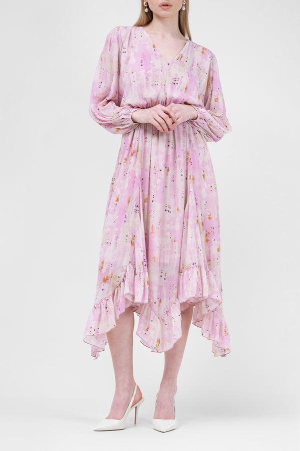 Pink Midi Dress In Abstract Print With Pleats