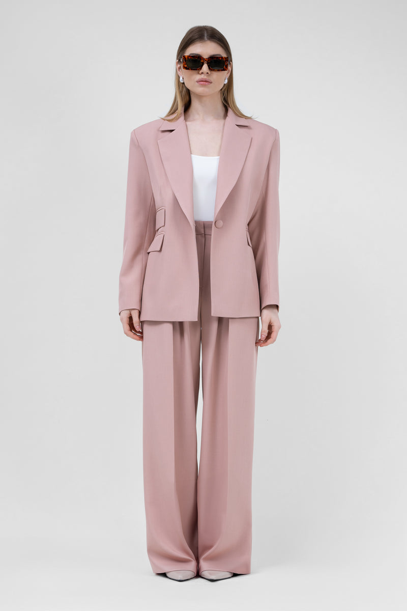 Pastel Pink Suit With Regular Blazer With Double Pocket And Ultra Wide Leg Trousers