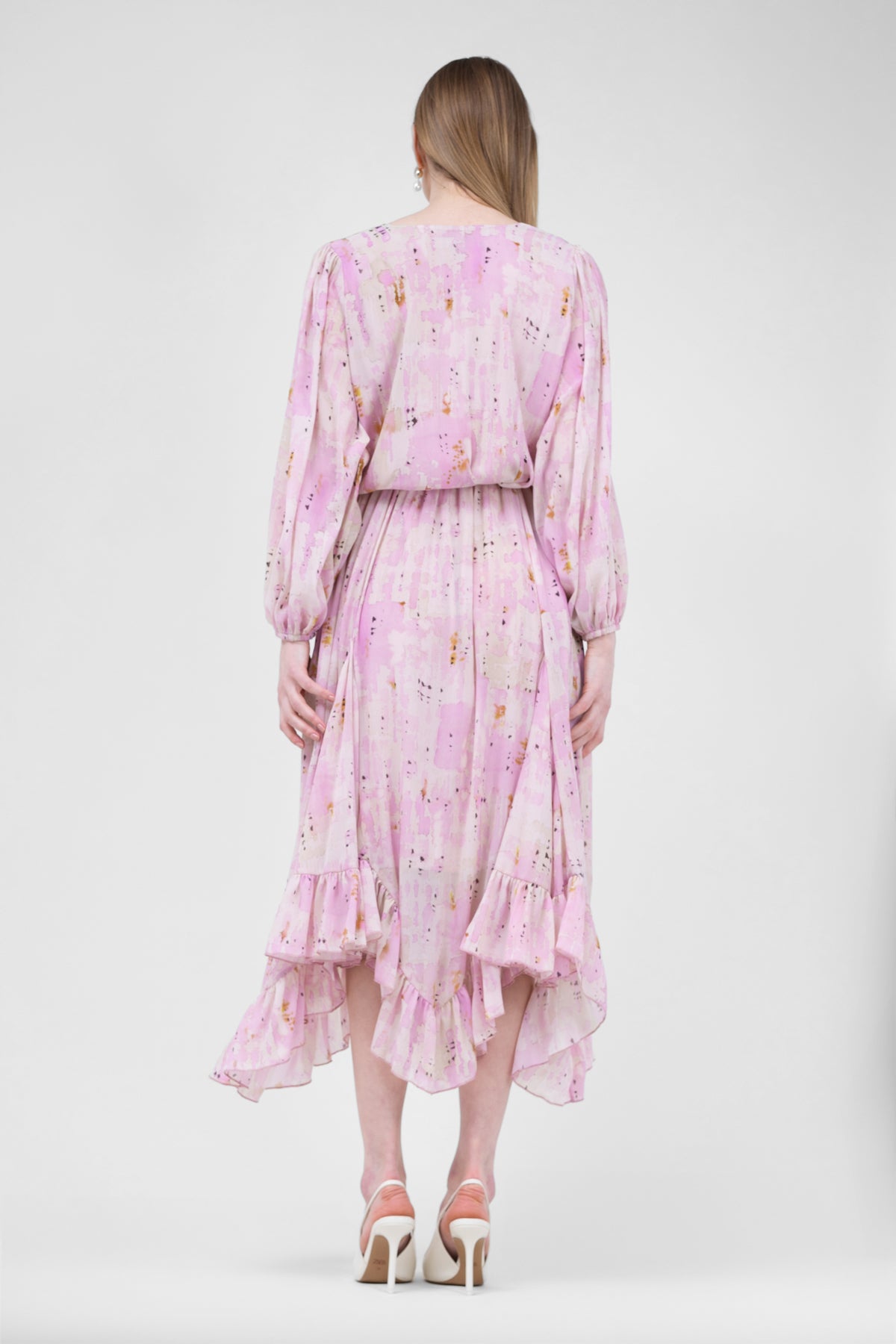 Rochie midi cu clini din voal printat roz