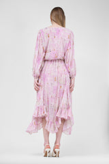 Pink Midi Dress In Abstract Print With Pleats