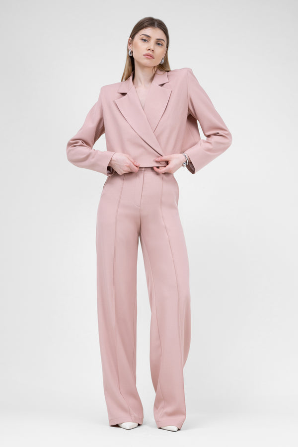Pastel Pink Suit With Cropped Blazer And Stripe Detail Trousers