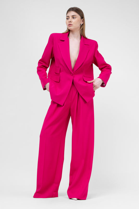 Fuchsia Suit With Regular Blazer With Double Pocket And Ultra Wide Leg Trousers