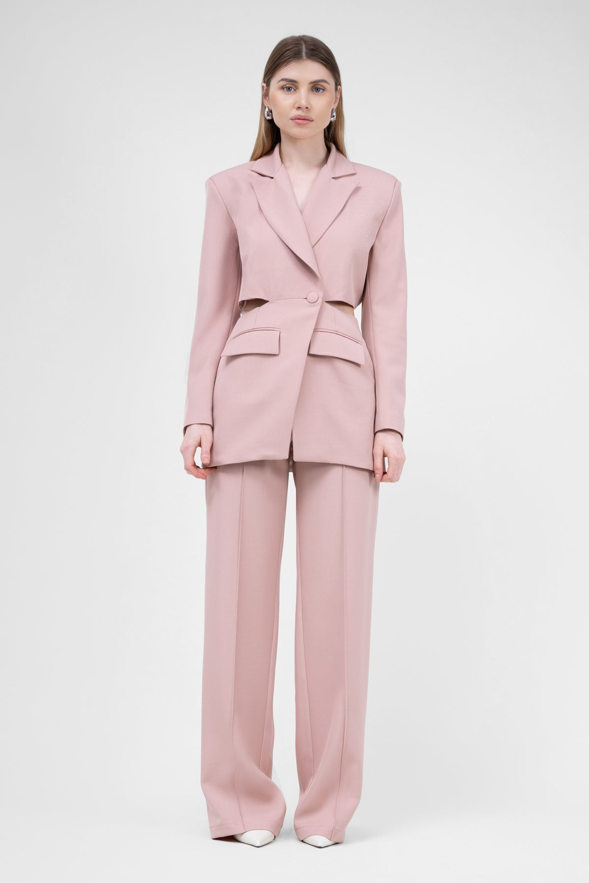 Pastel Pink Suit With Blazer With Waistline Cut-Out And Stripe Detail Trousers