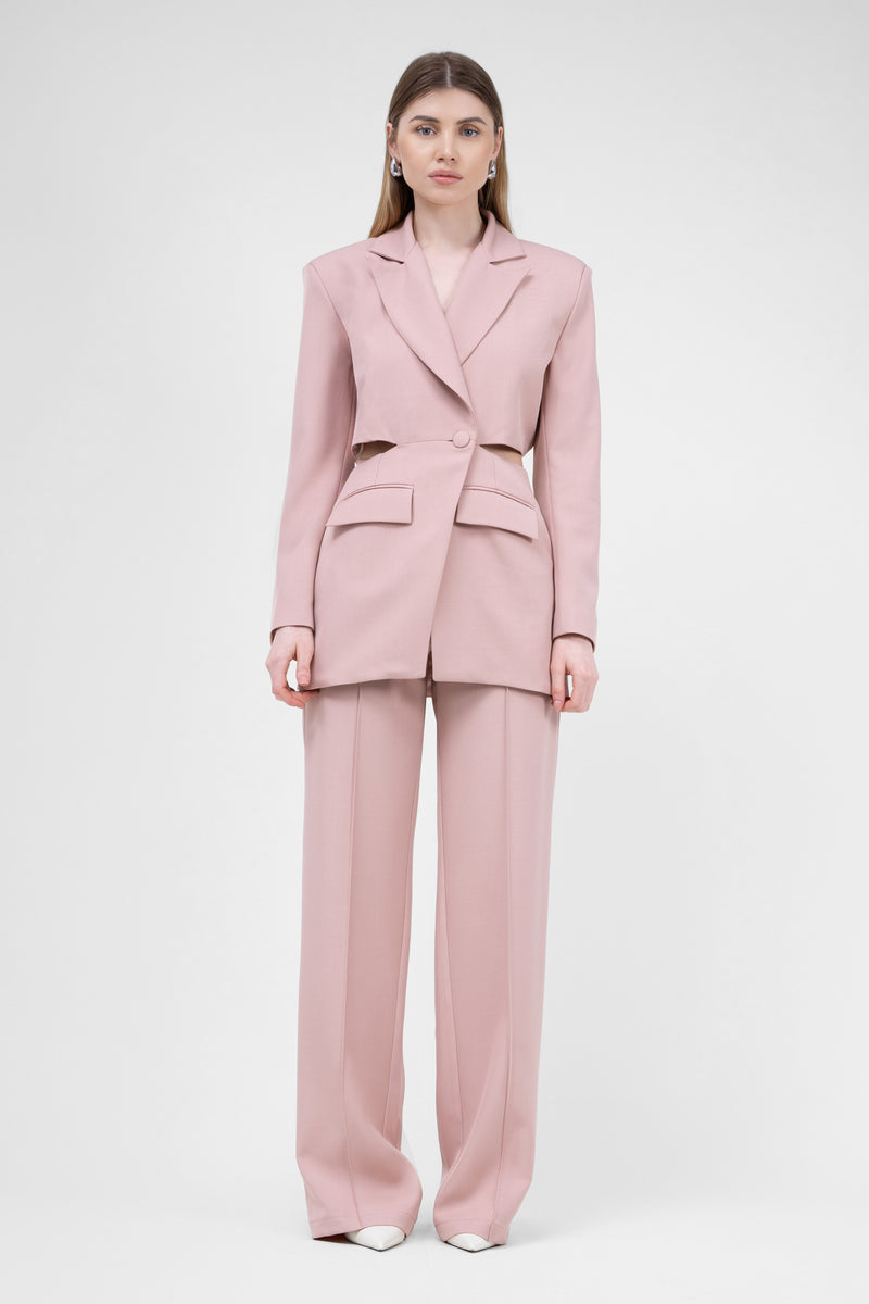 Pastel Pink Suit With Blazer With Waistline Cut-Out And Stripe Detail Trousers
