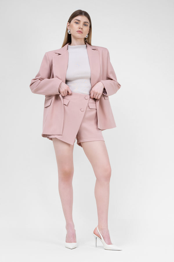 Pastel Pink With Regular Blazer With Double Pocket And Skort