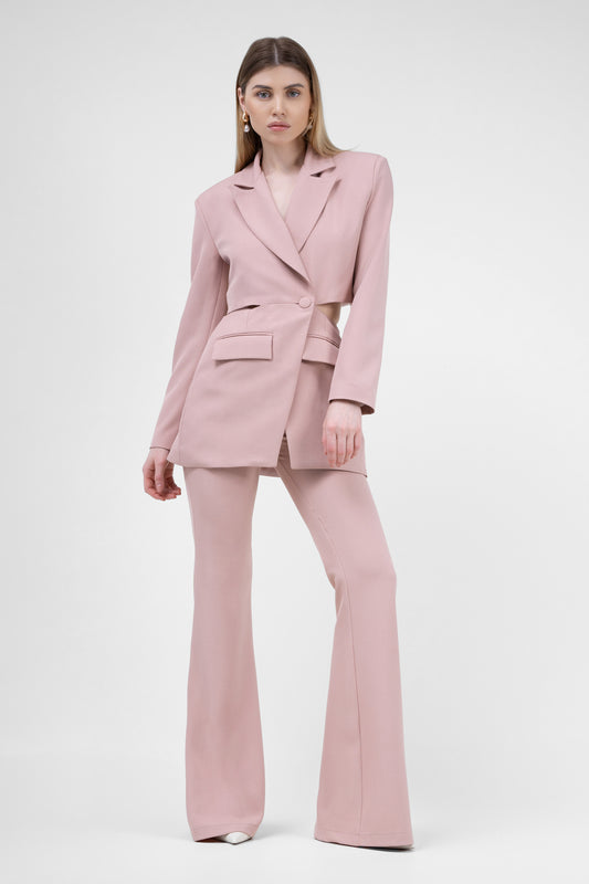 Pastel Pink Suit With Blazer With Waistline Cut-Out And Flared Trousers