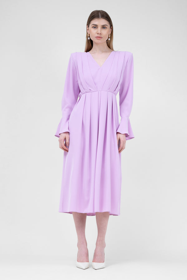 Pastel Pink Midi Dress With Pleats And Proeminent Shoulders