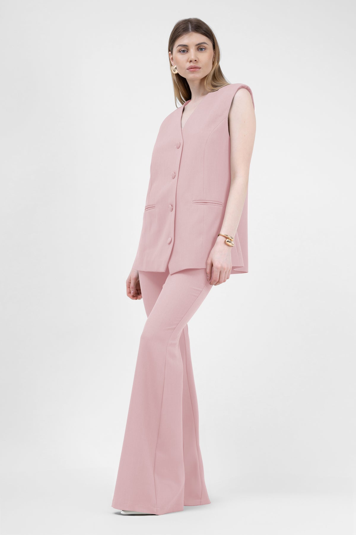 Pastel Pink With Oversized Vest And Flared Trousers