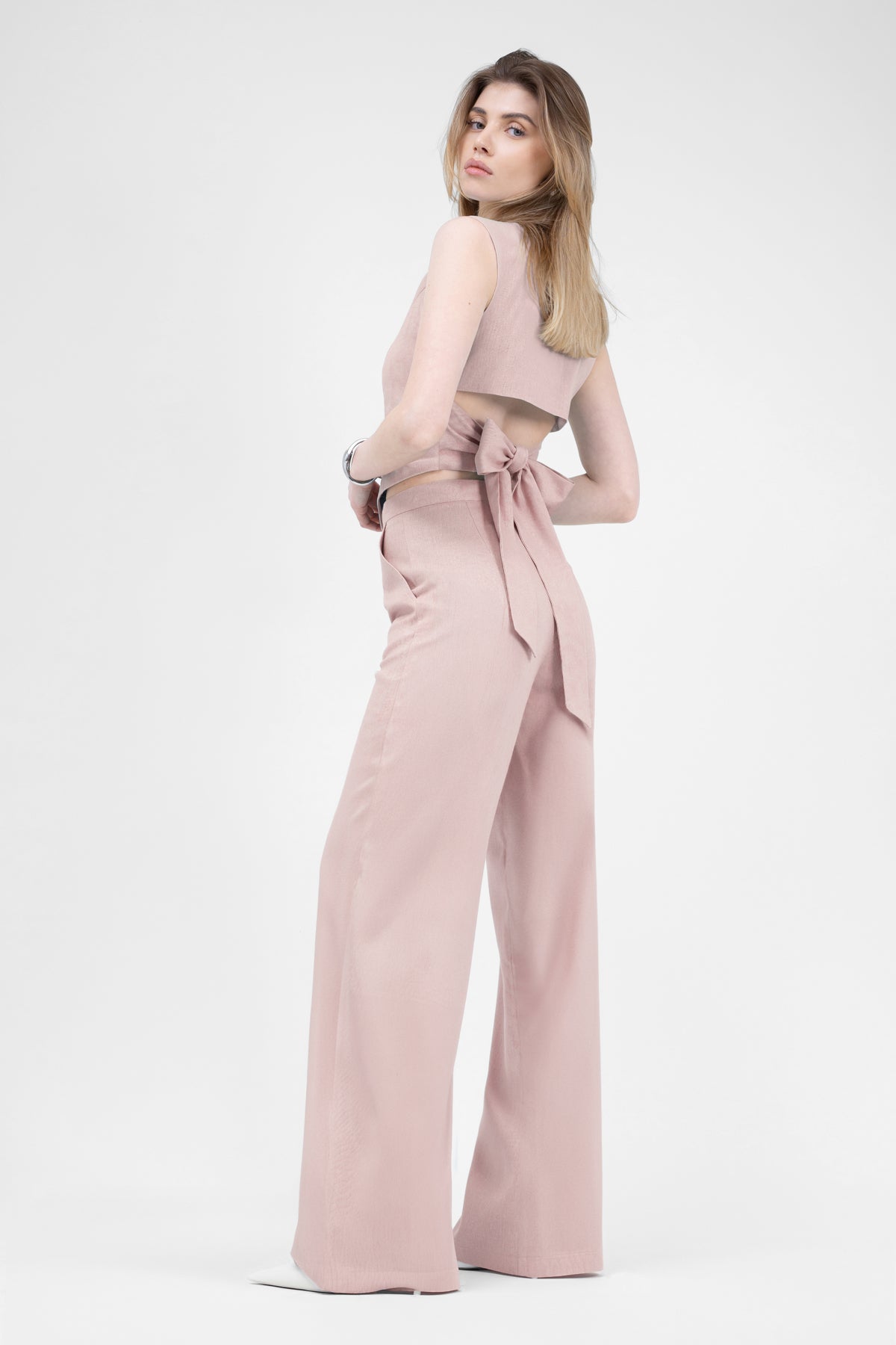 Pastel Pink Linen Suit With Cut-Out Vest And Straight-Cut Trousers