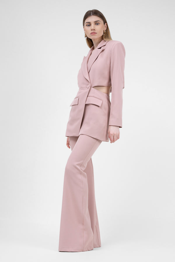Pastel Pink Suit With Blazer With Waistline Cut-Out And Flared Trousers