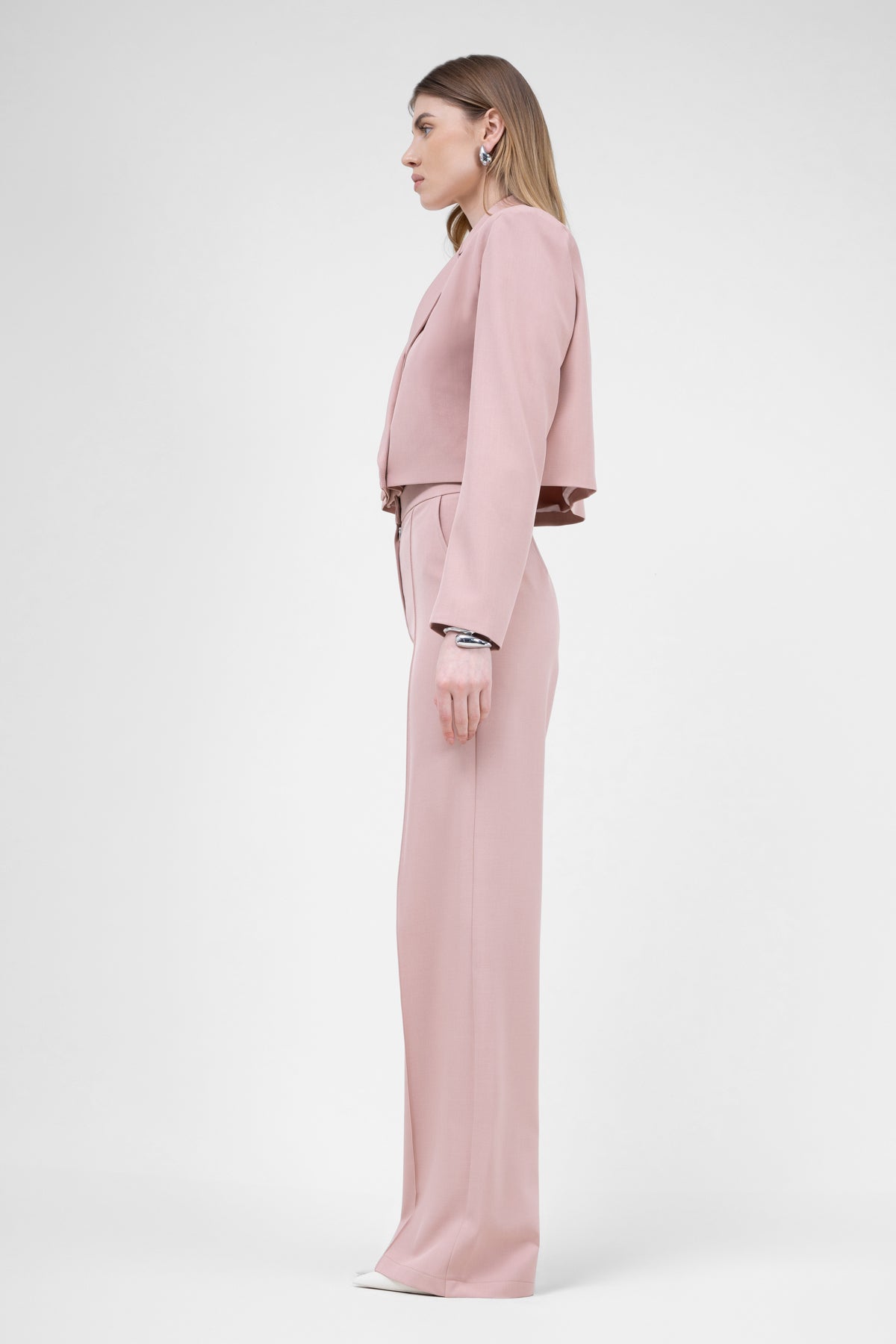 Pastel Pink Suit With Cropped Blazer And Stripe Detail Trousers