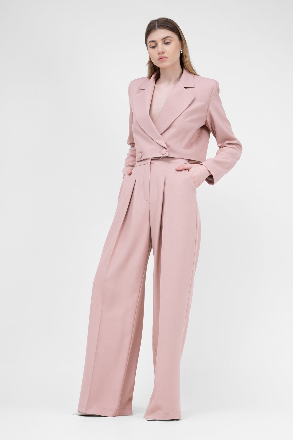 Pastel Pink Suit With Cropped Blazer And Ultra Wide Leg Trousers