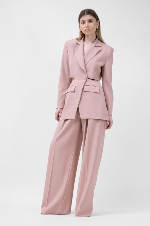 Pastel Pink Suit With Blazer With Waistline Cut-Out And Ultra Wide Leg Trousers