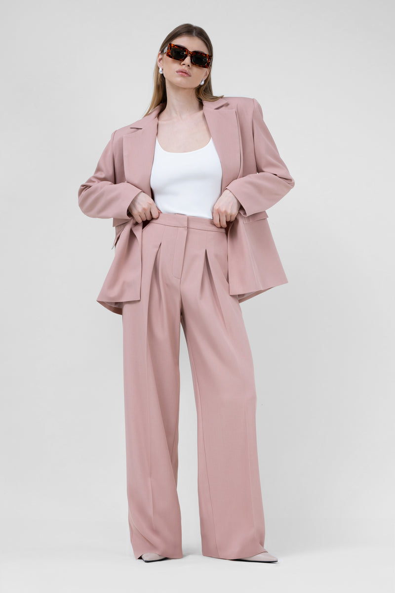 Pastel Pink Suit With Regular Blazer With Double Pocket And Ultra Wide Leg Trousers