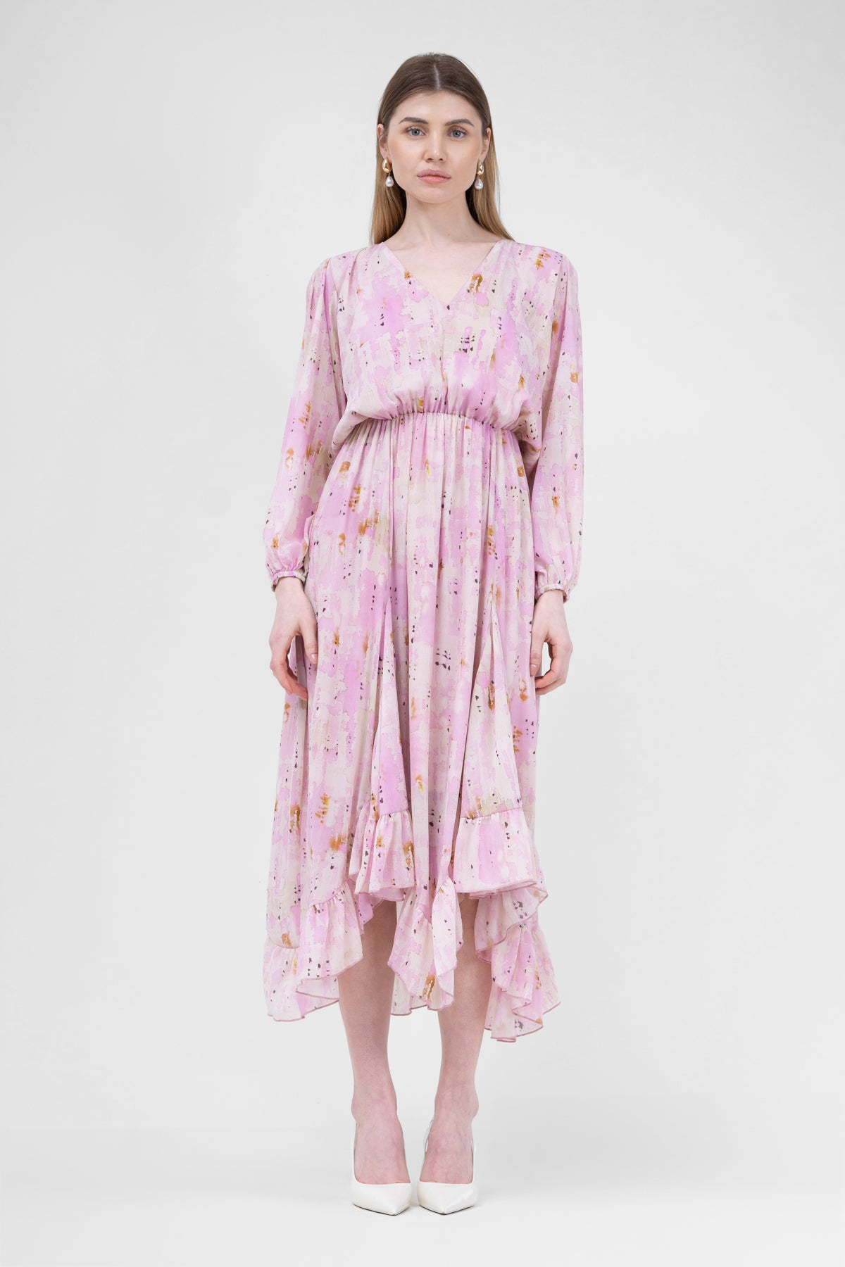 Rochie midi cu clini din voal printat roz