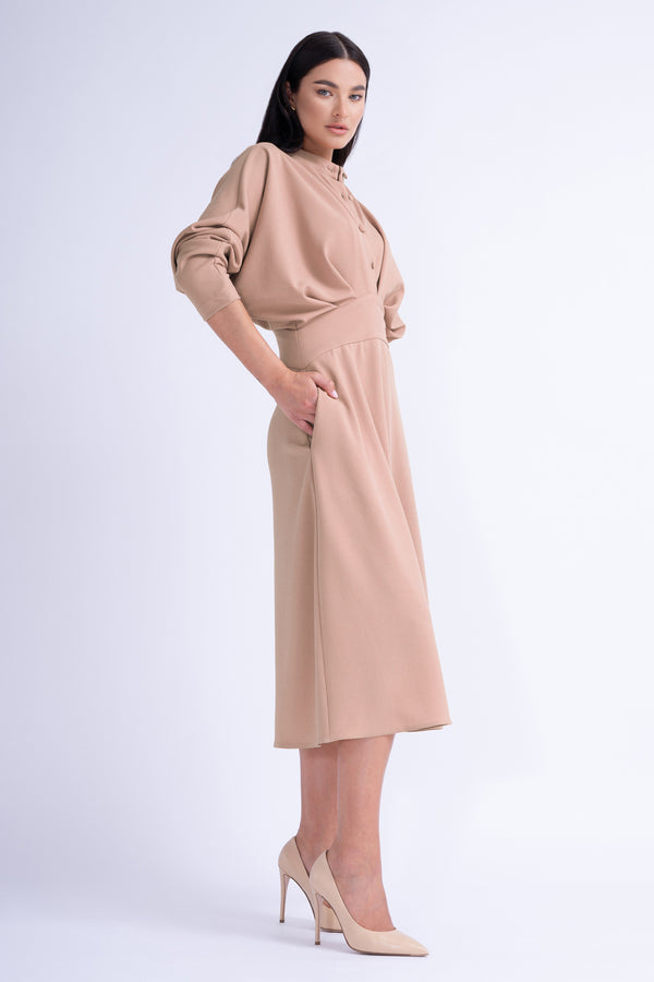 Pink Midi Dress With Draping And Buttons