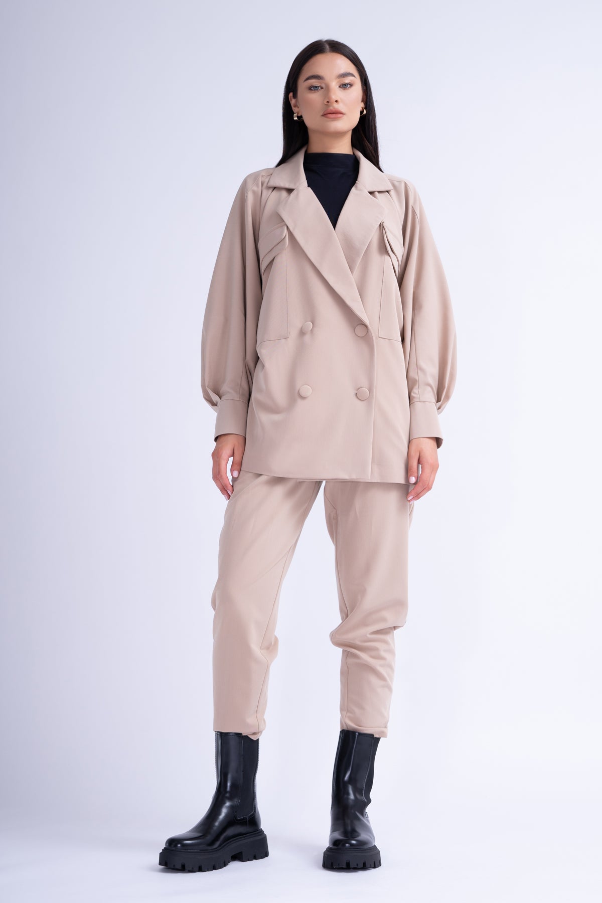 Beige Oversized Blazer With Flap Pockets