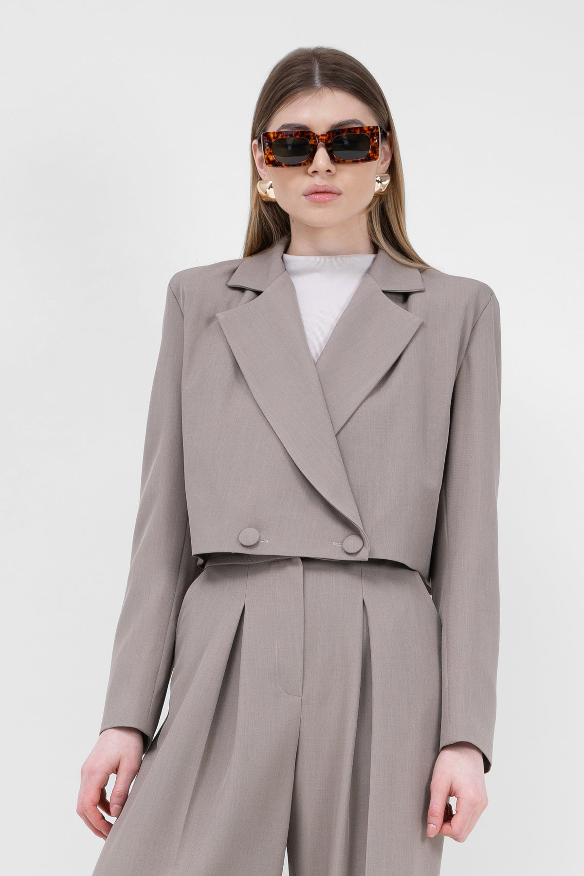 Beige Double Breasted Cropped Blazer