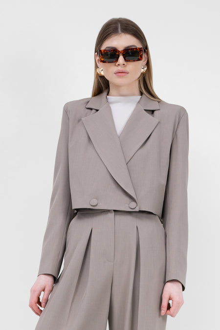 Beige Double Breasted Cropped Blazer