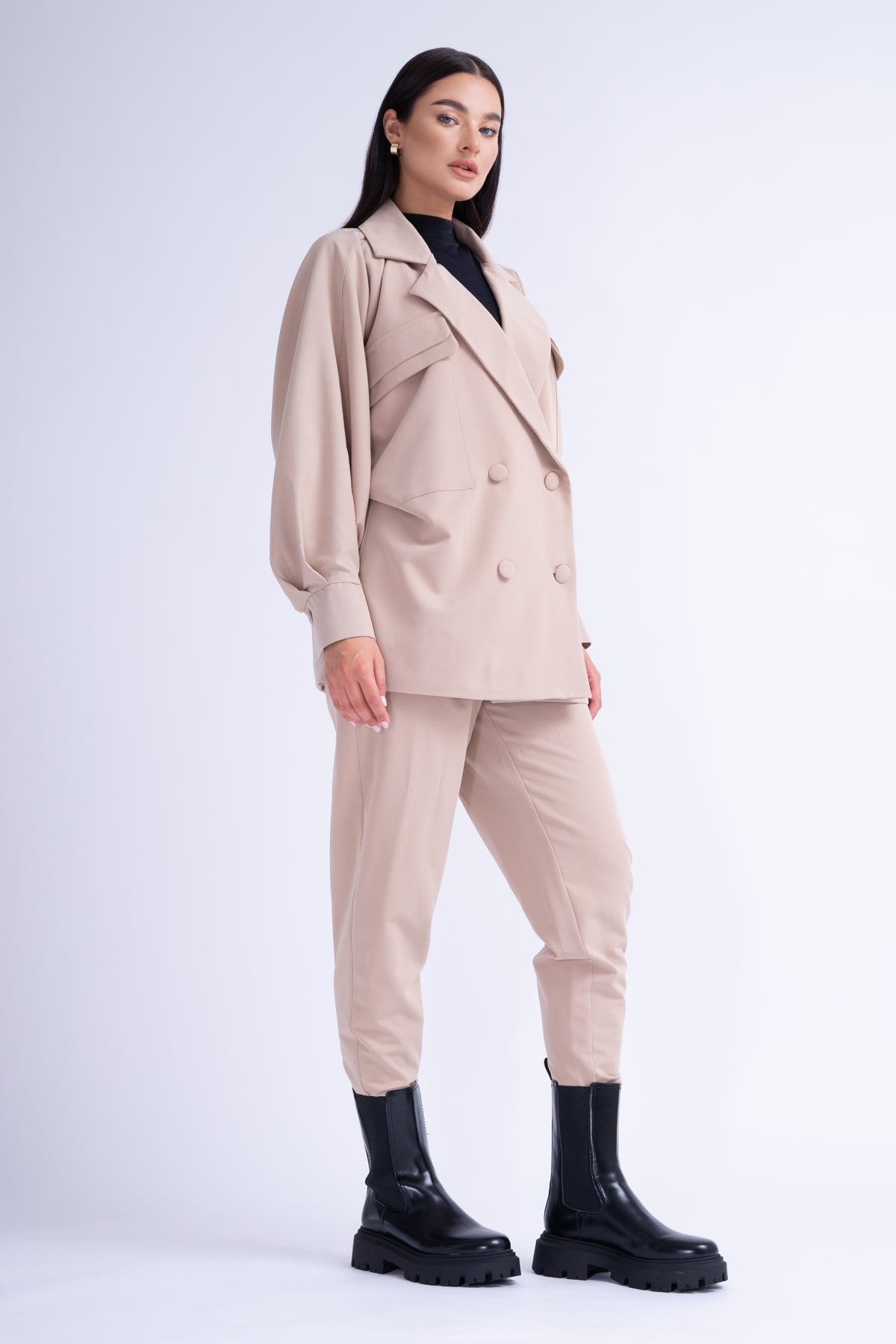 Beige Oversized Blazer With Flap Pockets
