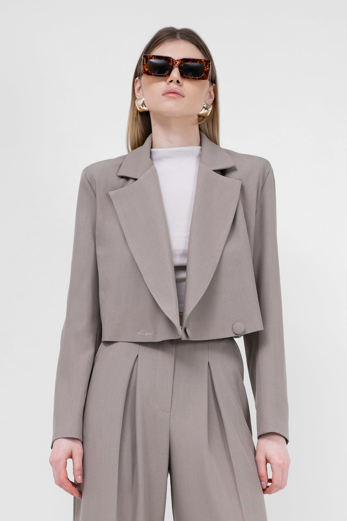 Beige Double Breasted Cropped Blazer