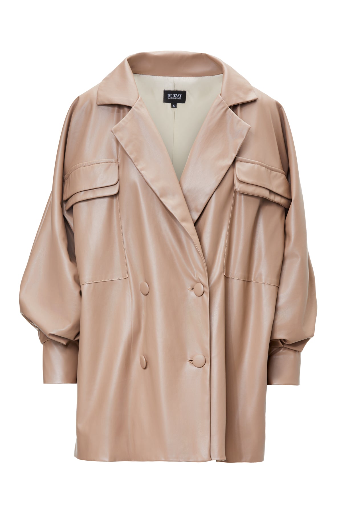 Beige Leather Oversized Blazer With Flap Pockets