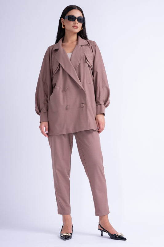 Brown Oversized Blazer With Flap Pockets